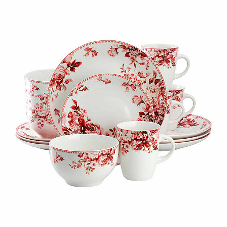 Elama Traditional Red Rose 16-pc. Stoneware Dinnerware Set, One Size, Red