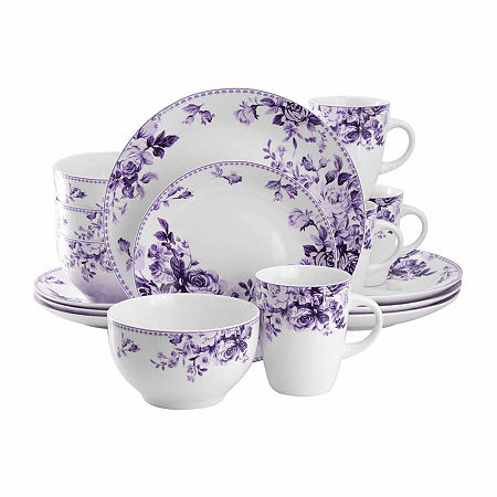 Elama Traditional Purple Rose 16-pc. Stoneware Dinnerware Set, One Size, Purple