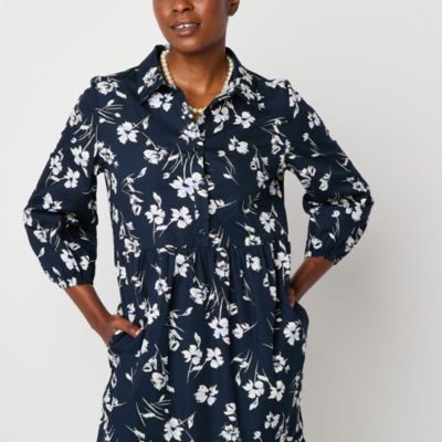 Be by CHETTA B Womens 3/4 Sleeve Floral Midi Shirt Dress