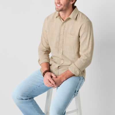 mutual weave Mens Linen Blend Long Sleeve Button-Down Shirt