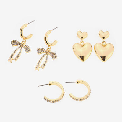 Bijoux Bar Gold Tone Womens Glass Bow Heart 3 Pair Earring Set