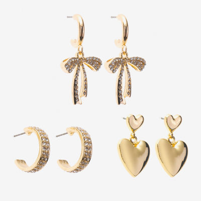 Bijoux Bar Gold Tone Womens Glass Bow Heart 3 Pair Earring Set