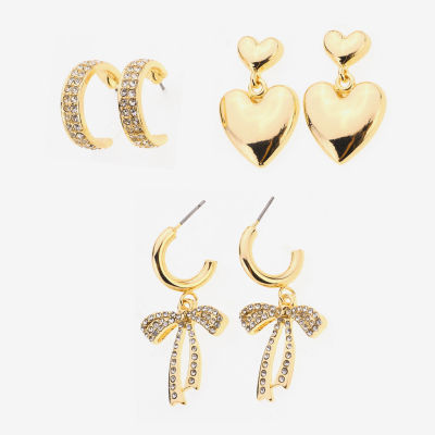 Bijoux Bar Gold Tone Womens Glass Bow Heart 3 Pair Earring Set