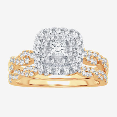 Signature By Modern Bride 1 CT.T.W. Natural Diamond Cushion Shape Side Stone Halo Bridal Set in 10K or 14K Gold