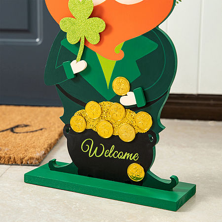 Glitzhome Leprechaun Decor(Kd) St. Patricks Day Porch Sign, One Size, Green