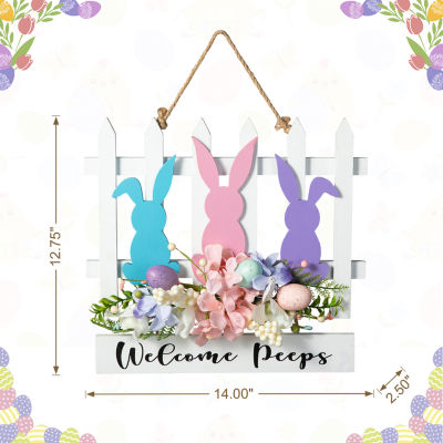 Glitzhome Easter Wooden Bunny Fence Door Hanger Wall Sign