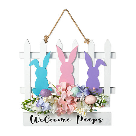 Glitzhome Easter Wooden Bunny Fence Door Hanger Wall Sign, One Size, Blue