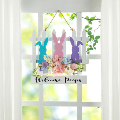 Glitzhome Easter Wooden Bunny Fence Door Hanger Wall Sign