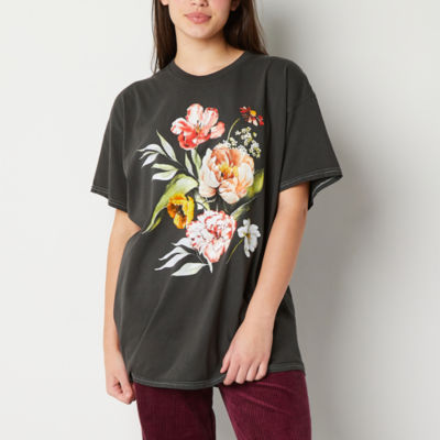 New World Juniors Floral Sketches Womens Crew Neck Short Sleeve Graphic T-Shirt