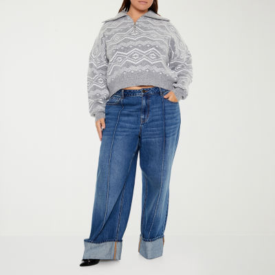 Forever 21 Grey Womens Juniors Plus Long Sleeve Quarter-Zip Pullover