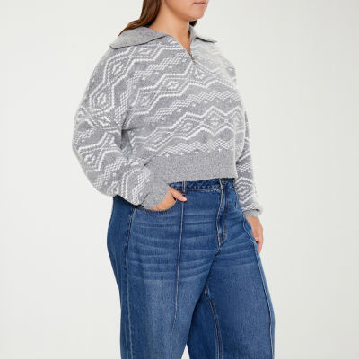 Forever 21 Grey Womens Juniors Plus Long Sleeve Quarter-Zip Pullover