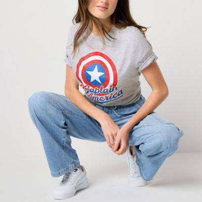 Marvel Captain America Boyfriend Tee Womens Juniors Crew Neck Short Sleeve Regular Fit Marvel Graphic T-Shirt