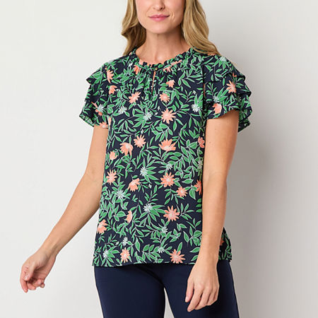 Liz Claiborne Womens Crew Neck Short Sleeve Blouse, Medium, Blue