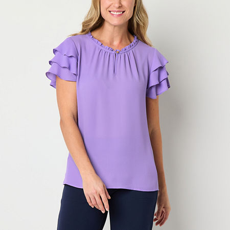 Liz Claiborne Womens Crew Neck Short Sleeve Blouse, Small, Purple