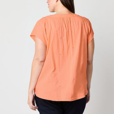 St. John's Bay Womens Plus Split Crew Neck Short Sleeve Blouse
