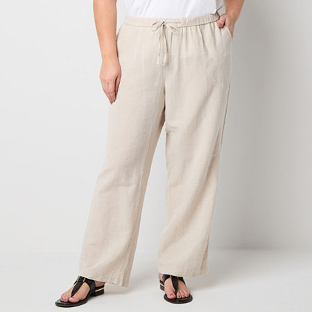 Liz Claiborne Linen Womens Wide Leg Mid Rise Loose Fit Plus Drawstring Pant, 1x, Beige