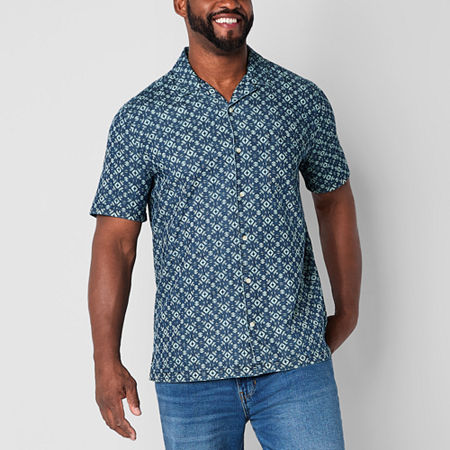mutual weave Denim Camp Big and Tall Mens Classic Fit Short Sleeve Button-Down Shirt, 4x-large Tall, Blue