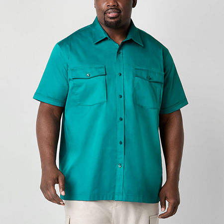 Shaquille O'Neal XLG Satin Utility Big and Tall Mens Regular Fit Short Sleeve Button-Down Shirt, X-large Tall, Green