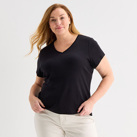 Liz Claiborne Womens Plus V Neck Short Sleeve T-Shirt, 0x, Black