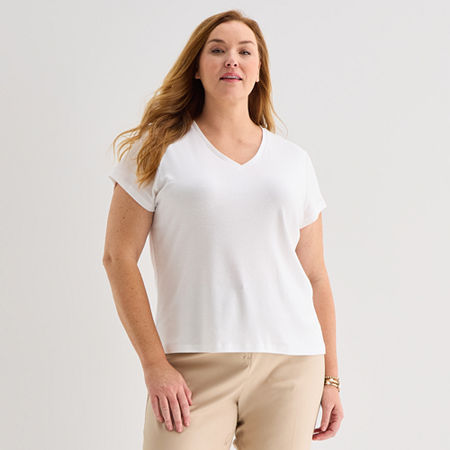 Liz Claiborne Womens Plus V Neck Short Sleeve T-Shirt, 2x, White