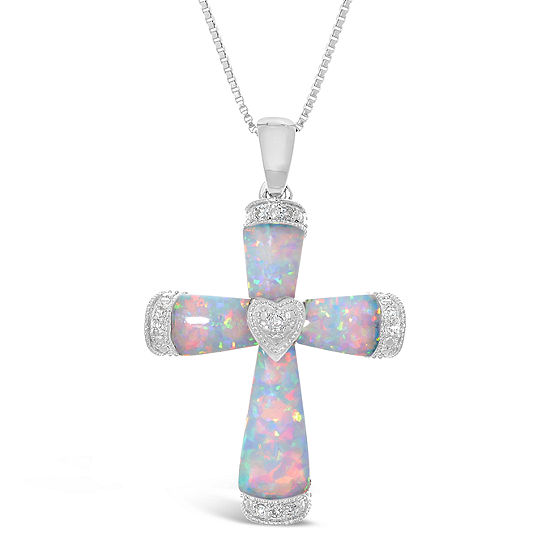 Womens Diamond Accent Lab Created White Opal Sterling Silver Cross Pendant Necklace
