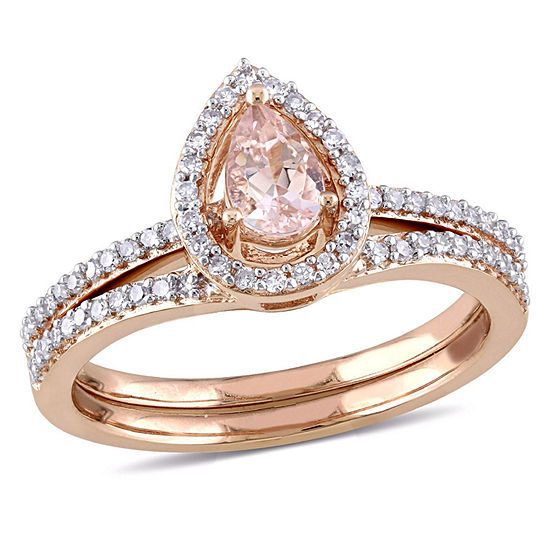 Modern Bride Gemstone Womens 3/4 CT. T.W. Genuine Pink Morganite 10K Gold Pear Side Stone Halo Bridal Set