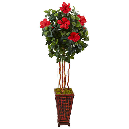 5’ Hibiscus Artificial Tree in Decorated WoodenPlanter