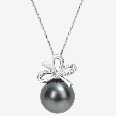 Womens Diamond Accent Black Cultured Tahitian Pearl 14K White Gold Pendant Necklace