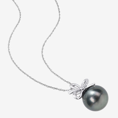 Womens Diamond Accent Black Cultured Tahitian Pearl 14K White Gold Pendant Necklace