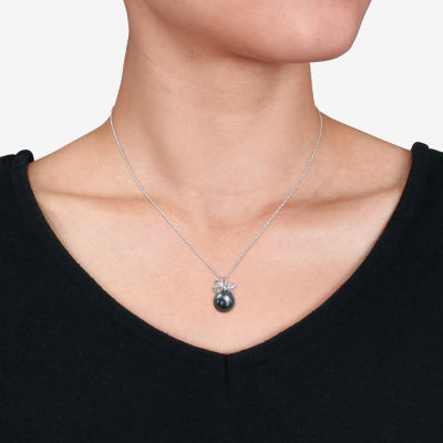 Womens Diamond Accent Black Cultured Tahitian Pearl 14K White Gold Pendant Necklace