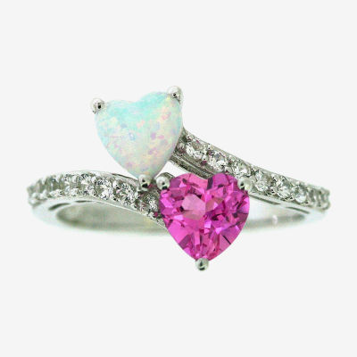 Lab-Created Opal, Pink & White Lab Created Sapphire Heart Sterling Silver Ring