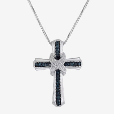 1/10 CT.T.W. Natural White & Color-Enhanced Blue Diamond Cross Pendant Necklace