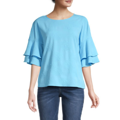 Liz Claiborne Womens Round Neck Elbow Sleeve Blouse JCPenney
