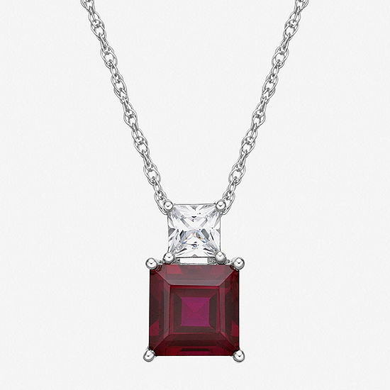 Womens Lab Created Red Ruby Sterling Silver Square Pendant Necklace