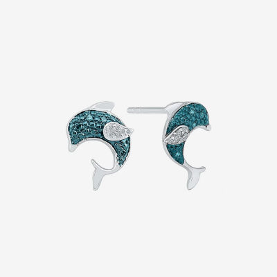 Dolphin Diamond Accent Mined Blue Diamond Sterling Silver 12mm Stud Earrings