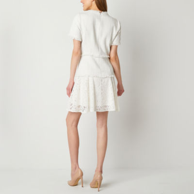 Melonie T Short Sleeve Lace Trim Fit + Flare Dress