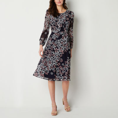 R & K Originals Long Sleeve Floral Midi Fit + Flare Dress