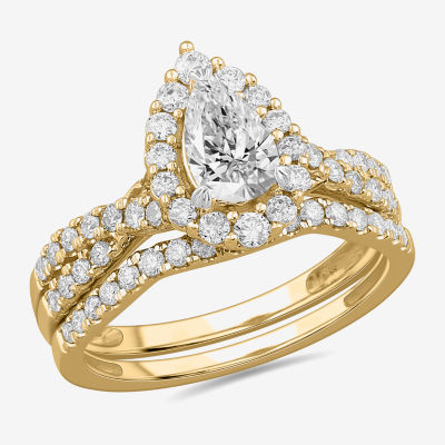 Signature By Modern Bride (G-H / Si1-Si2) Womens 1 1/3 CT. T.W. Lab Grown White Diamond 10K Gold Pear Side Stone Halo Bridal Set