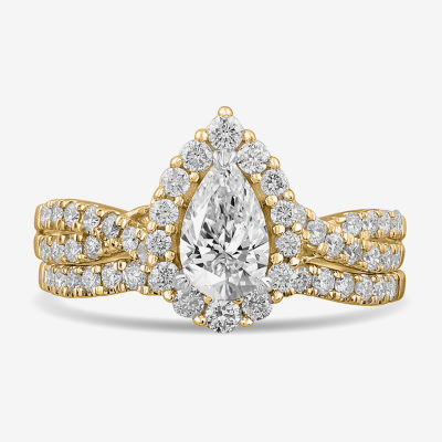 Signature By Modern Bride (G-H / Si1-Si2) Womens 1 1/3 CT. T.W. Lab Grown White Diamond 10K Gold Pear Side Stone Halo Bridal Set