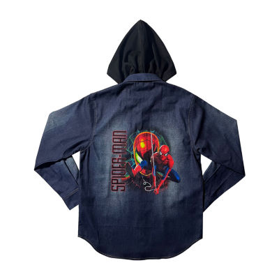 Mens Hooded Denim Spiderman Shirt Jacket
