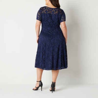 Perceptions Plus Short Sleeve Floral Lace Fit + Flare Dress