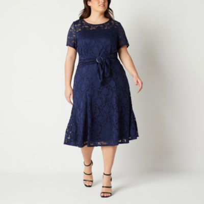 Perceptions Plus Short Sleeve Floral Lace Fit + Flare Dress