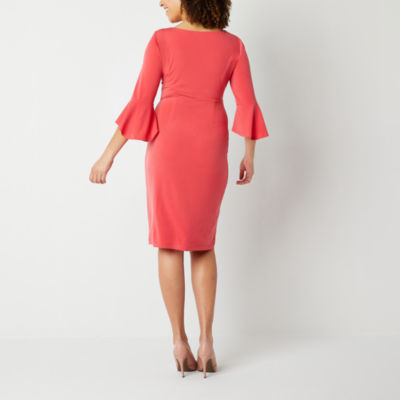 Connected Apparel Petite 3/4 Bell Sleeve Sheath Dress