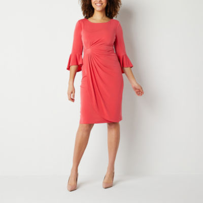 Connected Apparel Petite 3/4 Bell Sleeve Sheath Dress