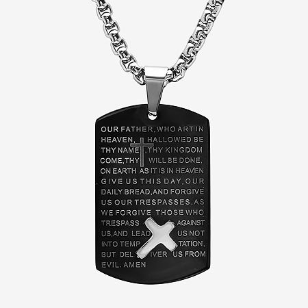 Steeltime Lord'S Prayer Mens Stainless Steel Cross Dog Tag Hypoallergenic 24 Inch Pendant Necklace, One Size
