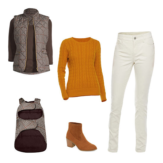 Vested Interest: St. John’s Bay Quilted Vest, Cable-Knit Sweater,  Jeans, a.n.a Booties & St. John’s Bark Dog Vest