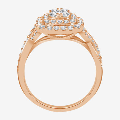 Womens 1 CT. T.W. Natural White Diamond 10K Rose Gold Cushion Side Stone Halo Engagement Ring