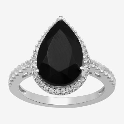 Womens Genuine Black Onyx Sterling Silver Halo Side Stone Cocktail Ring