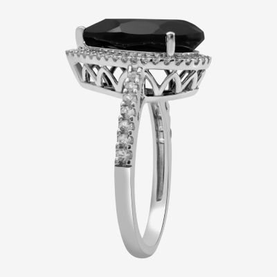 Womens Genuine Black Onyx Sterling Silver Halo Side Stone Cocktail Ring