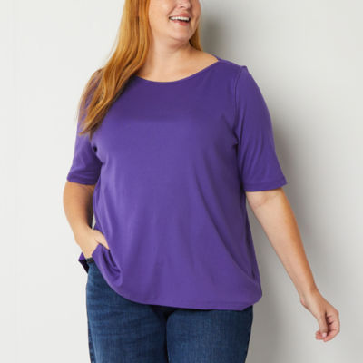 St. John's Bay Womens Easy-on + Easy-off Sensory Friendly Boat Neck 3/4 Sleeve Adaptive Plus T-Shirt